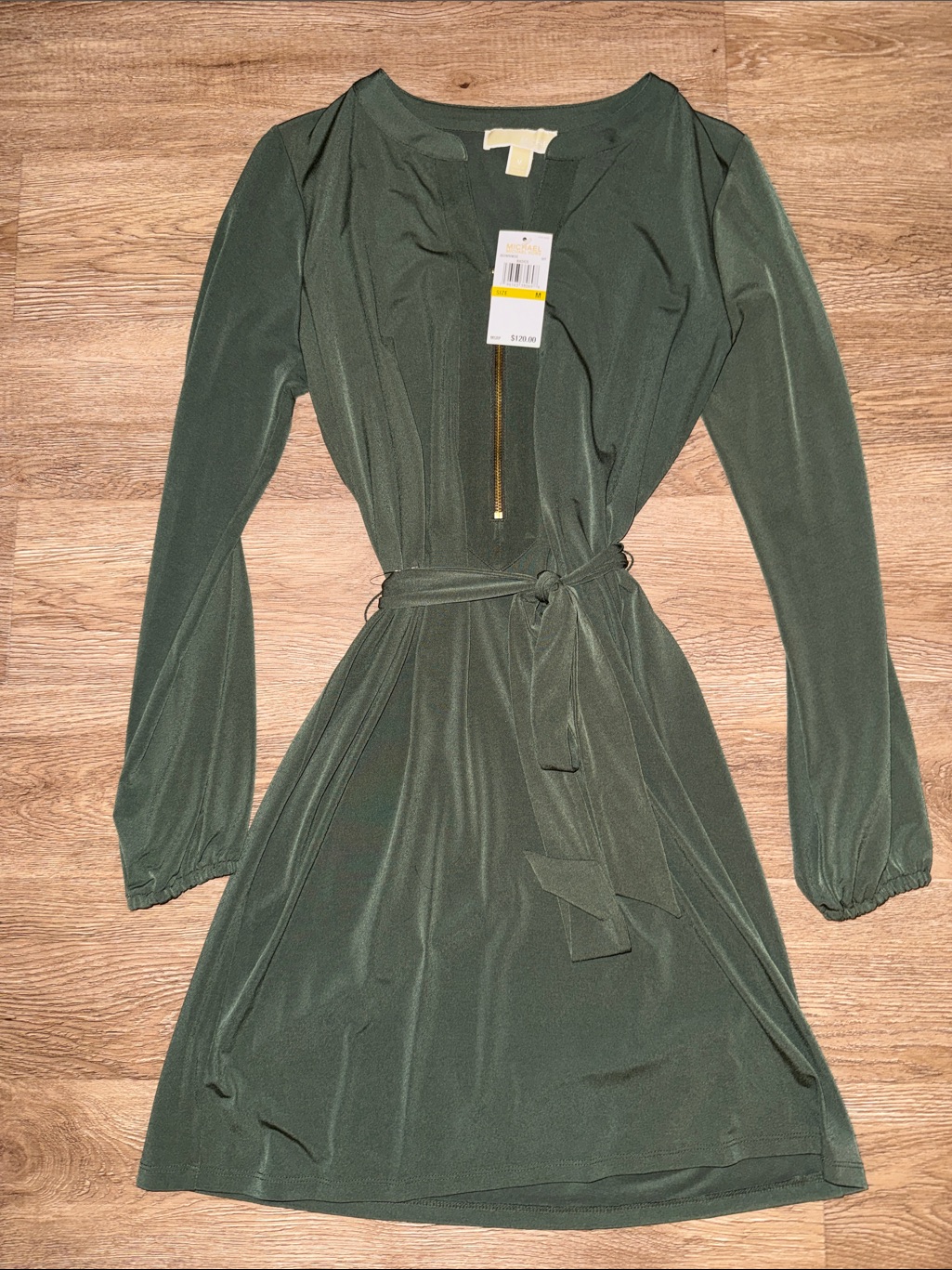Michael Kors Olive Green Long-Sleeve Belted Dress With Front Zip